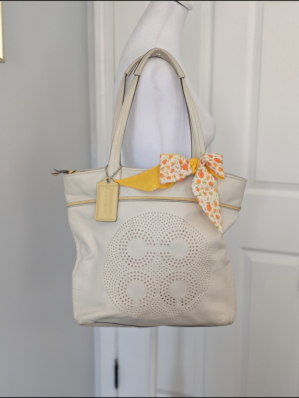 Coach Audrey Op Art Ivory Leather Tote with Signature Perforated Logo
